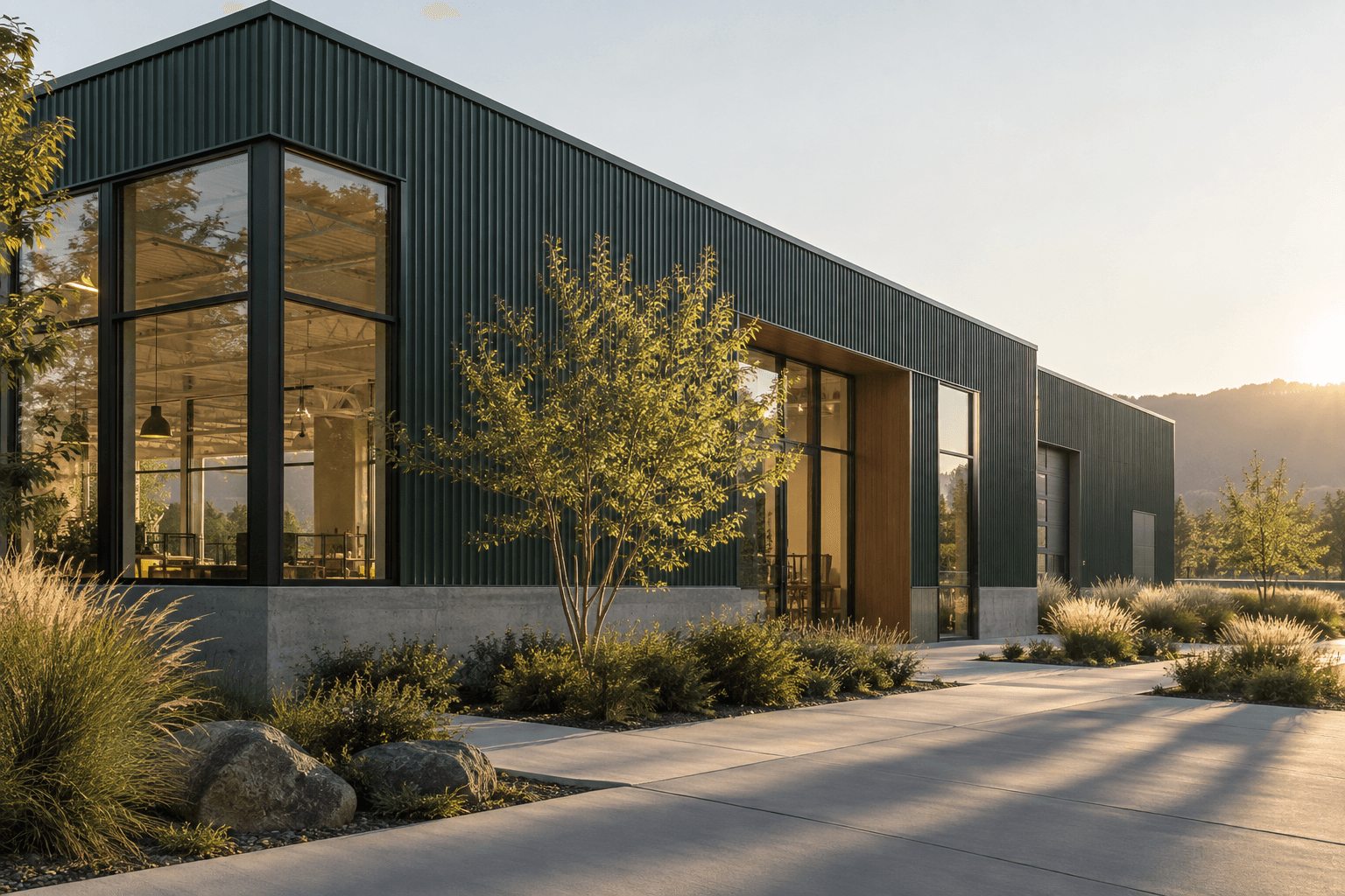 Conceptual green-clad commercial building in morning light, created for this sample campaign.